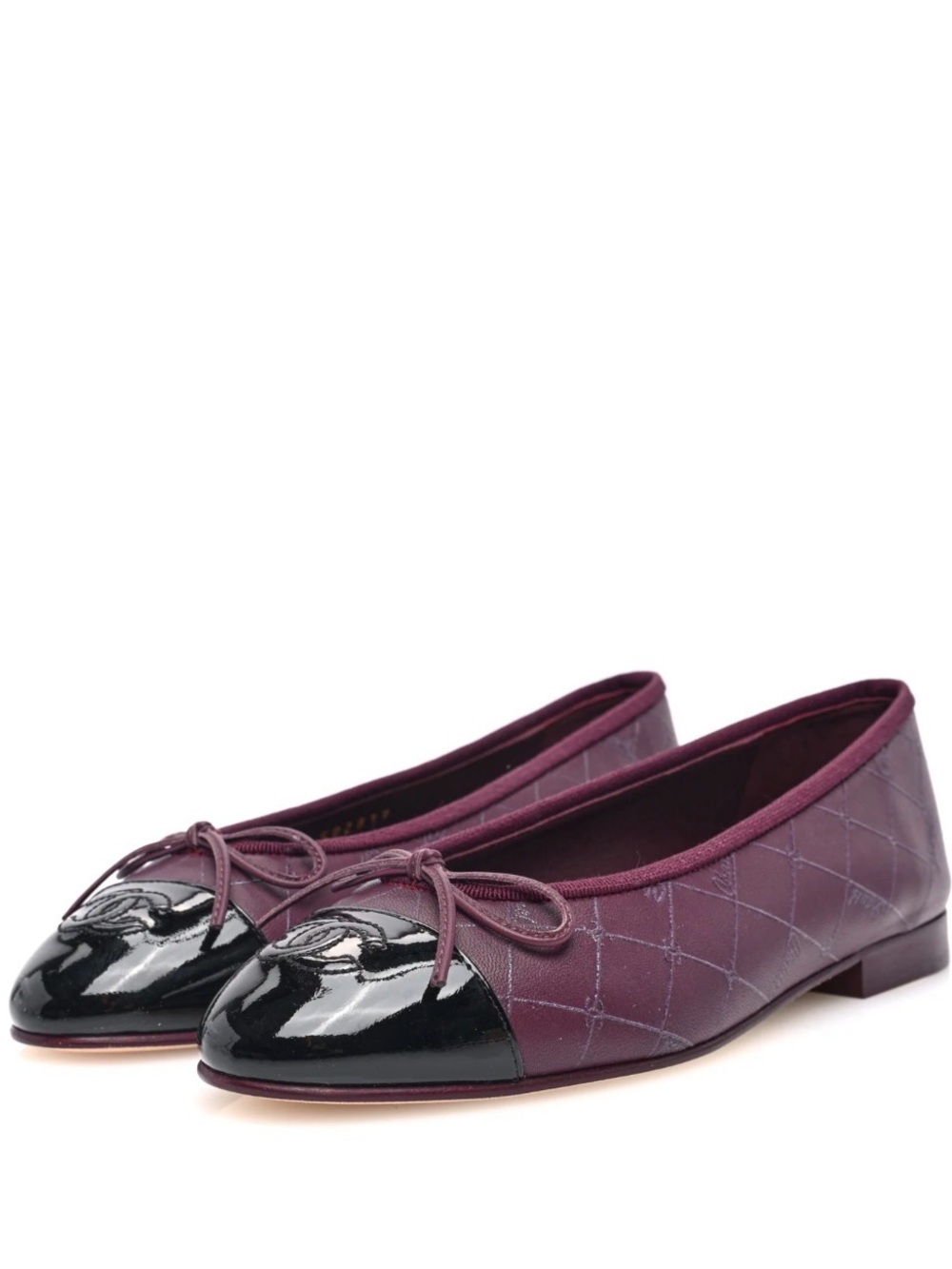 CHANEL Printed Lambskin Patent CC Cap Toe Ballerina Flats Burgundy Black 37